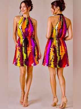 Trina Turk Vibrant Halter Mini Dress in Yellow, Pink, Purple and Orange 8